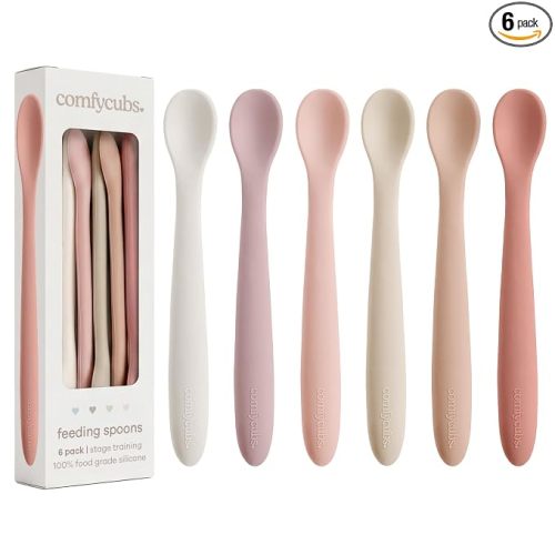 Comfy Cubs Silicone Baby Spoons Set 6-Pack, Blush 6.46 x 0.95 in – BPA Free, Soft Gum-Safe Toddler Eating Essentials – Lightweight & Flexible Baby Spoons, Dishwasher Safe, Fun Utensils for Babies
