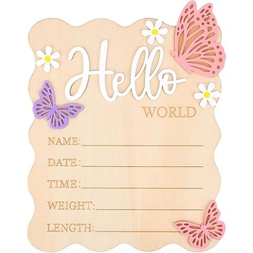 Hello World Board, Wooden Butterfly Daisy Baby Birth Announcement Sign Newborn Birth Sign for Information Record Hospital Nursery Decorations