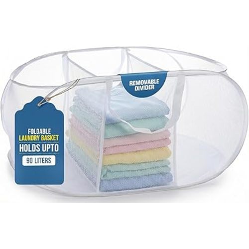Handy Laundry Collapsible Laundry Basket, 3-Compartment Mesh Laundry Sorter, Foldable Pop Up Hamper with Handles, Space-Saving Durable Organizer for Dorm, Bedroom, Travel, White