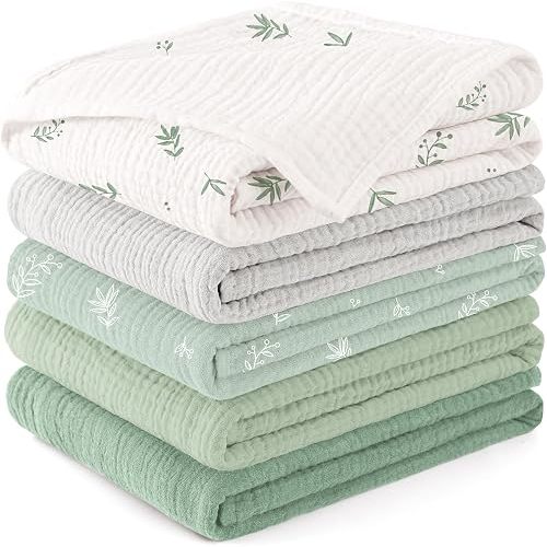 Susurration Muslin Burp Cloths Baby Washcloths 100% Cotton Burp Cloths Baby Girl 5 Pack, Absorbent and Soft Cloth Diapers 23.6 * 23.6 inch, Baby Girl Newborn Essentials (Green Print)
