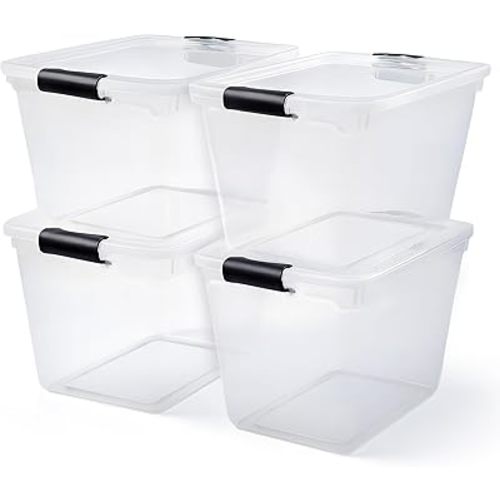 HOMZ 4-Pack 31 Quart Latching Lid, Clear Plastic Storage Organizer Bins, Gray – Stackable Containers for Home & Office Shelves, Kitchen, Garage, and Bathroom Organization