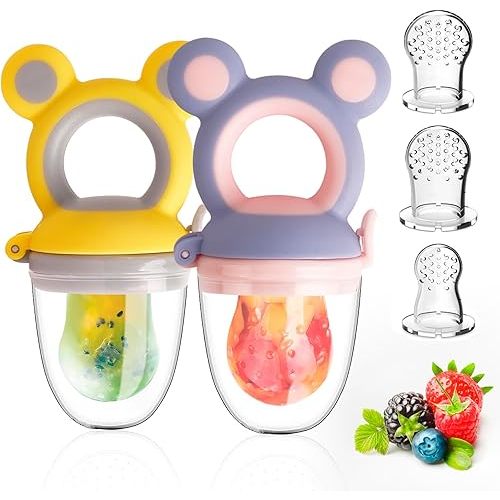 Baby Solids/Frozen Fruit Feeder Pacifier, Infant Teether Toy 4M+, BPA-Free Silicone Pouch & Nipple, Safely Introduce Solids, Teething Relief, 2-Pack - Yellow/Purple (Mouse)