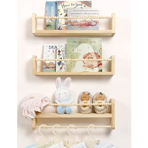 Nursery Shelves for Wall Set of 3, Natural Wood Floating Shelves