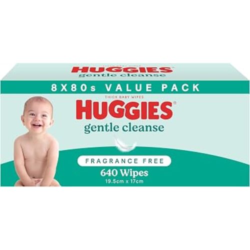 Huggies Gentle Cleanse Baby Wipes Fragrance Free 640 Pack (8 x 80 Pack) - Packaging May Vary