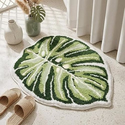 Leaf Rug Flower Monstera Plant Shaped Bath Rug - Cute Small Green Bath Mat Bathroom Rug Non Slip, Water Absorbent, Machine Washable