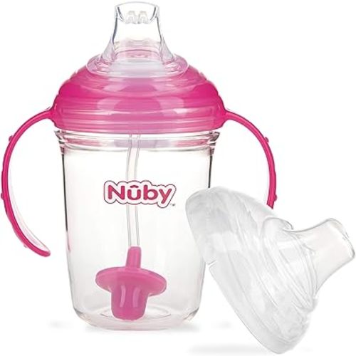 Nuby 360 Grip N' Sip 8oz Tritan Cup, Weighted Straw with Hygienic Cover, Pink