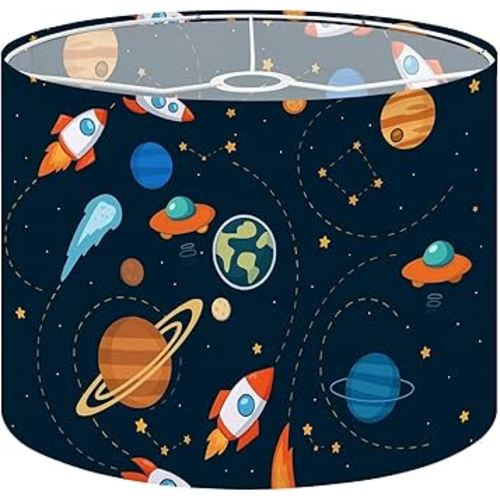 Lamp shades for Table Lamps Space theme Solar system kids cartoon planet seamless Rocket UFO Medium Drum Lamp Shades 13''W x 10''H Replacement LampShades Spider Fitter Assembly Required 1 Pack
