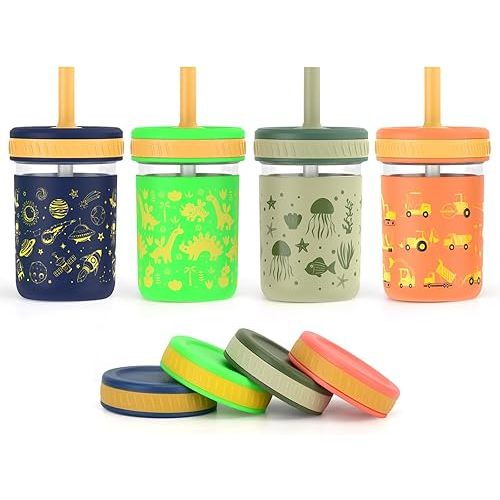 Sursip Toddler Glass Sippy Cups, Kids Baby 12 oz Spill-Proof Water Tumbler with Straw and Lids, Smoothie Snack Mason Jar For Travel School or At Home, 4 Packs