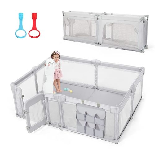 Baby Playpen,79"x59" Foldable Playpen for Babies and Toddlers with Gate,Large Play Pens with Zipper Door,Baby Play Yards Play Area(Grey)
