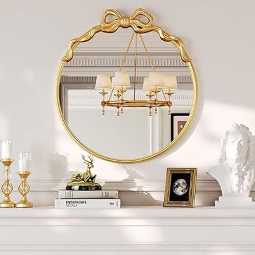 Uniclinens Gold Round Bow Wall Mirror 21" - Large Decorative Vintage Mirror Wall Decor with Metal Frame for Nursery Girl, Entryway, Fireplace, Living Room, Hallway, Bathroom