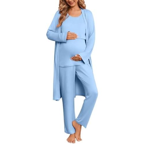 Ekouaer Nursing Pajamas Maternity Robe Set 3 Pieces Postpartum Maternity Pajama Set Pregnancy Breastfeeding Pj