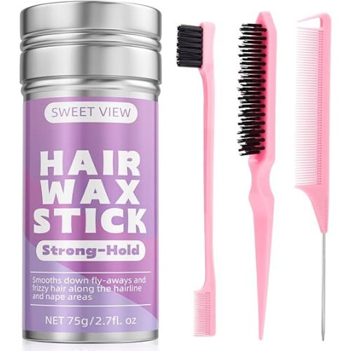 Hair Wax Stick & Slick Back Hair Brush for Tame Flyaways, Frizz, Sleek Ponytail, Buns | Pomade/Balm/Gel Stick for Woman, Styling Accessories for Girls, Kids