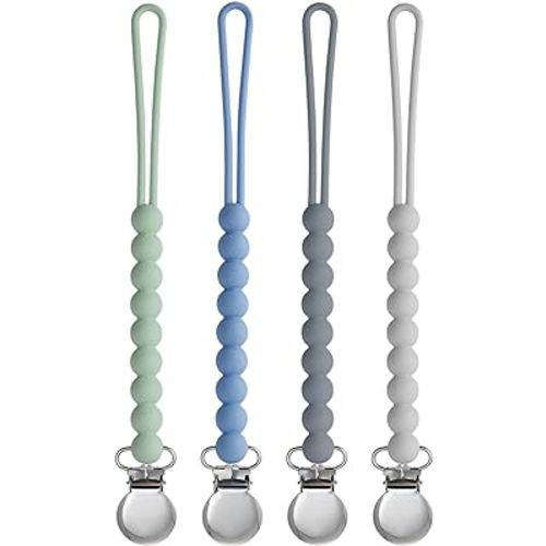 Pacifier Clip for Boys Girls - MORIBOX 4 Pack Paci Clip Soothie Baby Binky Holder for Shower Gift Birthday (Grey+Dgrey+Blue+Sage)