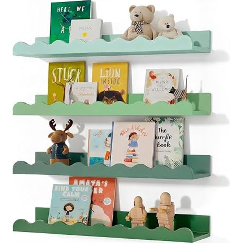 4 Pcs Sage Green Scalloped Nursery Book Shelves, 15.75 Inch Wood Floating Wall Shelves for Bedroom, Cute Room Shelf for Picture Ledge Stuffed Animal Home Decor Kitchen Spice