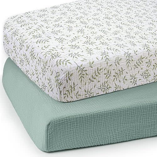 lulumoon Baby Muslin Crib Sheets: Soft & Breathable Fitted Crib Sheets for Boys - Green Leaf Sheets for Standard Crib 2Pack