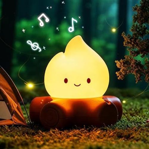 Campfire Night Light, 5 White Noise Mode, Cute Bonfire Gifts, Silicone Night Light with Candle Mode, Rechargeable Bedroom Decor, Gift for Children, Teens, Adults, Halloween, Christmas & Birthdays