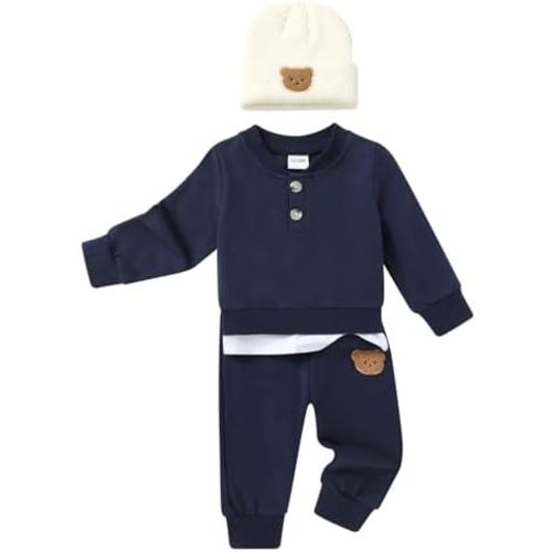 YOUNGER TREE Toddler Fall Outfits Baby Boy Sweatshirt Top Sweatpants Set Cute Sweatsuit for Boy Winter Clothes with Hat