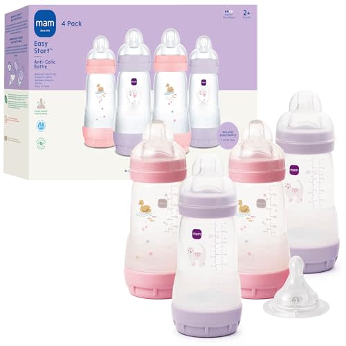 MAM 9oz Easy Start Anti-Colic+ Wide Neck Baby Bottle, Medium Flow Breastfeeding-Like Nipple, Reduces Colic Gas & Reflux, Easy to Clean, BPA Free, 2+ Months, Made in Europe, Bonus Fast Flow Nipple