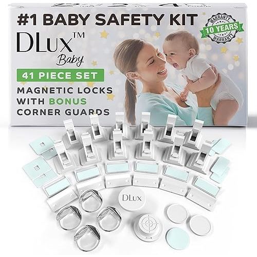 Magnetic Cabinet Locks Child Safety 41-Piece Kit with New Upgraded Adhesive [12 Magnet Locks 2 Keys 4 Corner Guards] Easy Installation, No-Drill Baby Proofing Locks to Childproof Cabinets & Drawerss