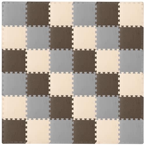 ProSource Foam Puzzle Floor Play Mat for Kids and Babies with Solid Colors, 36 or 16 Interlocking Tiles with Borders, Brown/Beige/Grey
