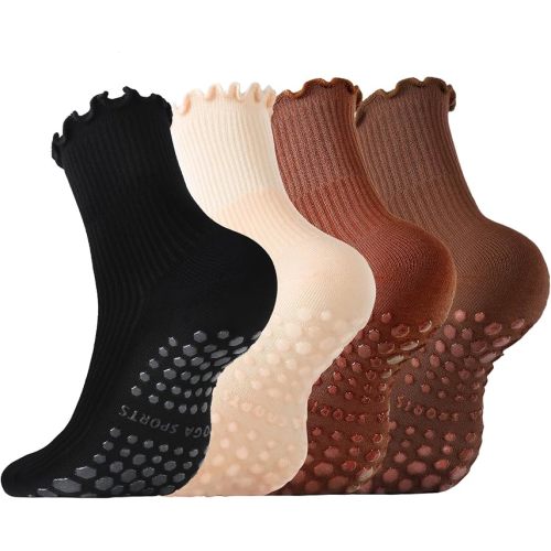 Pilates Socks with Grips for Women Non Slip Ruffle Yoga Socks Grippy Crew Socks for Barre Athletic Hospital 4 Pairs