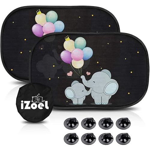 Car Sun Shade for Baby Kids 2 Pack Static Cling Side Window Car 110GSM Rear Sunshades Universal with Storage Bag - Sun Glare and UV Rays Protection for Your Child (Elephant)