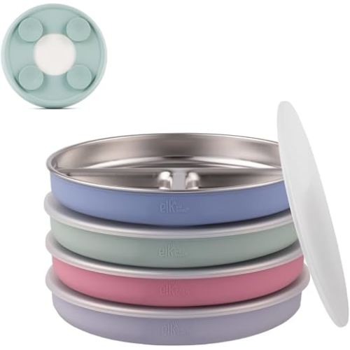 Elk and Friends Kids Stainless Steel Divided Plates with Silicone Suction Sleeves | Lids Included | Suitable for Babies/Toddlers | Dishwasher Safe | Stay Put Dinnerware | Snack Dishes | 4 Pack