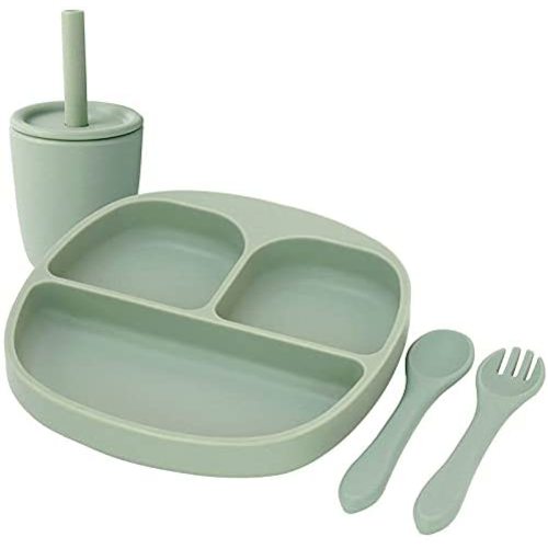 Silicone Feeding Set for Baby or Toddler Suction Plate With Cup Fork Spoon Toddler Plate Baby Cup Baby Plate Baby Fork and Spoon (Sage)