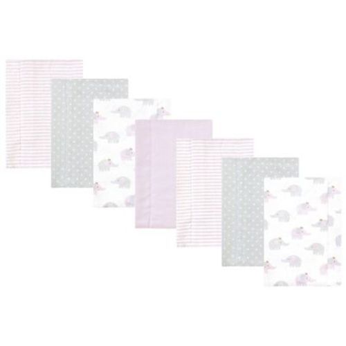 Hudson Baby Infant Girl Cotton Poly Flannel Burp Cloths, Lilac Elephants 7 Pack, One Size