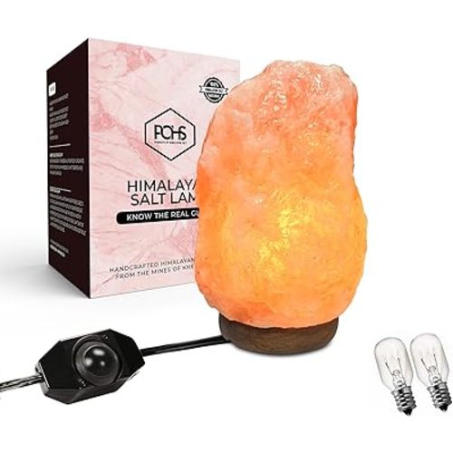 POHS 8-10 Inches (7-11 lb) 100% Authentic Himalayan Pink Salt Lamp – Handcrafted with Dimmable Switch, Wooden Base, and Bulb Replacement Included