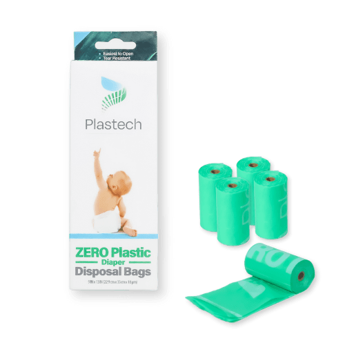 Plastech Diaper Disposal Bags - ZERO Plastic, 100% Certified Home Compostable, Plant-Based, 9 x 13 inches, 75 Bags, 5 Rolls, Green