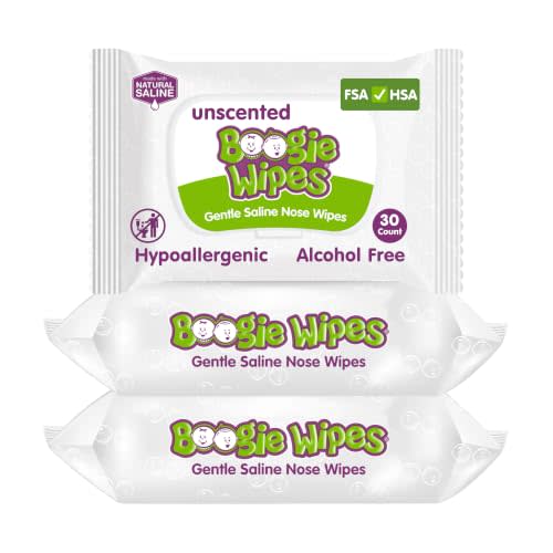 Boogie Saline Nose Wipes Unscented - 90 Count | Hypoallergenic & Alcohol-Free, Allergy Relief, Made with Natural Saline, Aloe, Chamomile & Vitamin E, Diaper Bag Essential