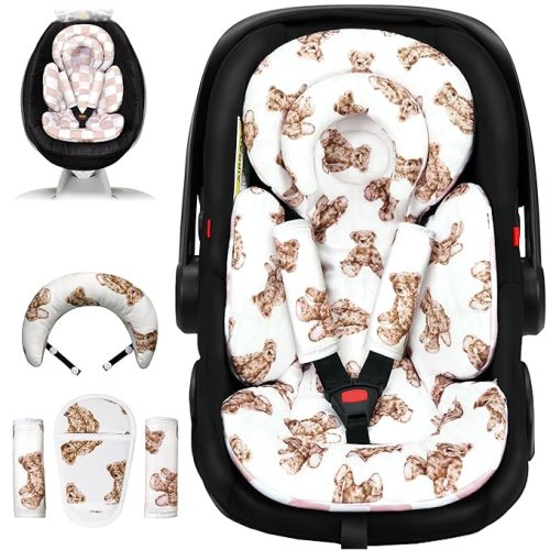 Infant Car Seat Insert with Removable Cushion for Preemie to Toddler, Reversible Newborn Carseat Insert for Baby Head Body Support, Fits for Stroller, Baby Swing, Bouncer (Teddy Bear)