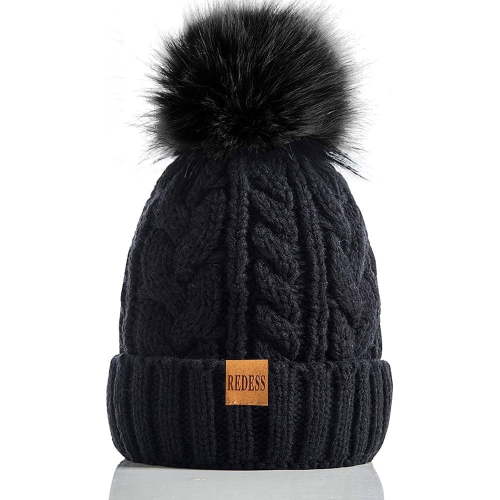 REDESS Women Winter Pompom Beanie Hat with Warm Fleece Lined, Thick Slouchy Knit Skull Ski Cap-Black