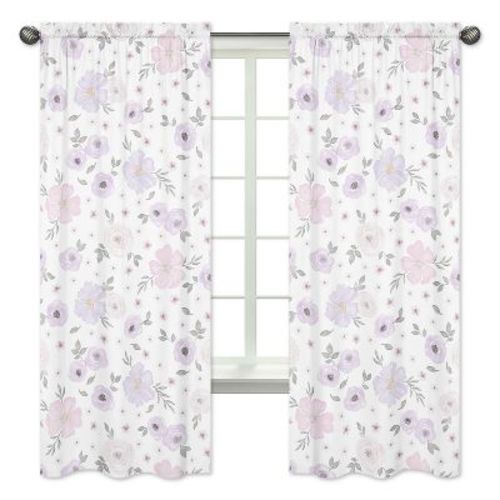 Sweet Jojo Designs Window Curtain Panels 84 inch Watercolor Floral Purple and Grey