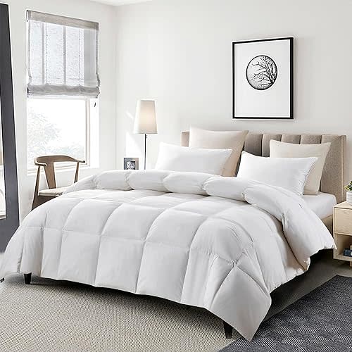 Serta Goose Feather Down Fiber Comforter King Size - 100% Cotton Cover Duvet Insert - Hotel Luxury Hypoallergenic Bedding Comforter All Season Medium Warmth 106 x 90 Inch White