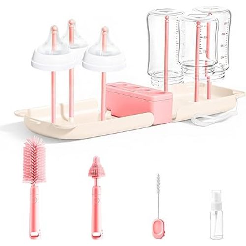 Travel Baby Bottle Cleaner Kit，7-in-1 Baby Bottle Brush Set for Travel and Home, All-in-One Baby Bottle Washing Kit: Integrated Cleaning & Drying System for Bottles and Breast Pump Parts (Pink)