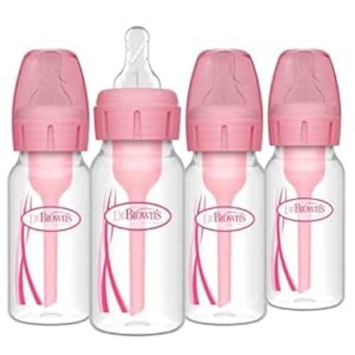 Dr. Brown's Natural Flow Anti-Colic Options+ Narrow Baby Bottle, 4 oz/120 mL, with Level 1 Slow Flow Nipple, Pink, 0m+, 4 Pack