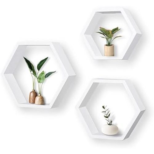 ROSE BLOOM Set of 3 White Wood Hexagon Shelves for Wall Decor - Farmhouse Honeycomb Shelves for Living Room Decor, Kitchen Storage, Mounted Storage - Durable, Stylish & Versatile