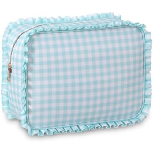 Gingham Ruffle Makeup Bag,Large Travel Cute Cosmetic Bag for Women Girls,Toiletry Bag Make up Organizer 10.8 x 4.5 x 8 inch (Mint Gingham)