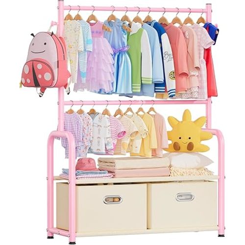 Kids Clothing Rack 2 Tier Baby Closet Pink Toddler Dress up Racks
