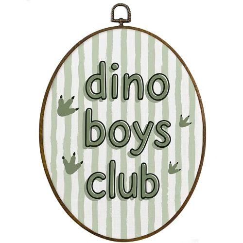MAQIKA Vintage Dinosaur Nursery Framed Oval Wall Art Decor, Boys Room Oval Wall Hanging Decor, Green Striped Dinosaur Footprints Canvas Prints Wall Art for Boys Room Bedroom Playroom, 8.7x11.3 Inch