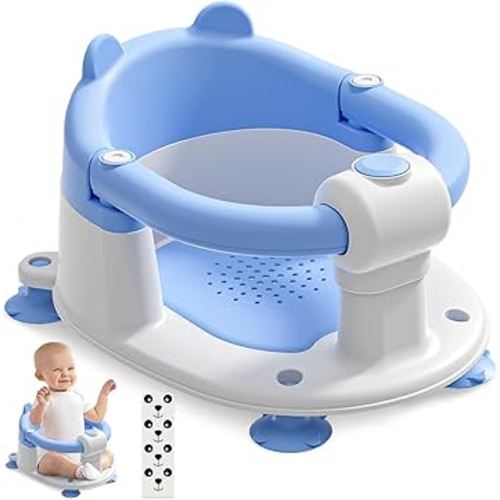 Baby Bath Seat for Babies 6 Months & up, Non-Slip Toddler Bath Seats for Babies Sitting Up, Safe Infant & Newborn Bathtub Chair with 4 Suction Cups & Soft Cushion & Stickers for Shower,Blue