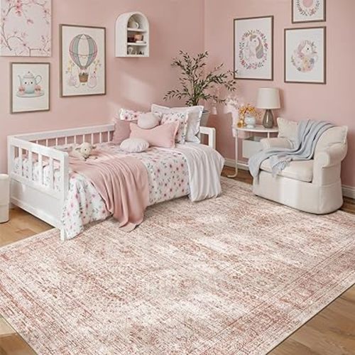 5x7 Area Rugs Pink Low Pile Indoor Washable Trendy Faded Style Rugs for Bedroom Living Room Dining Room Foldable Non-Slip Thin Print Mat