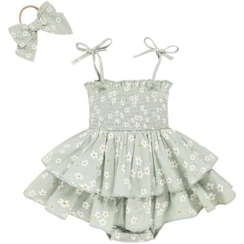 TITKKOP Baby Girl Summer Outfits Infant Double Romper - Sleeveless Bodysuit & Cake Smash Outfit