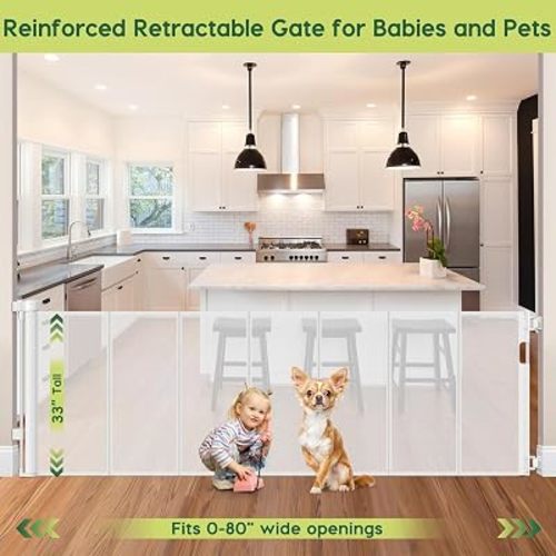 Reinforced 80 Inch Extra Wide Retractable Baby Gate with Support Rods, Indoor/Outdoor Retractable Pet Gates for Wide Openings, 33” Tall Mesh Dog Gate Indoor Extra Long Baby Gates for Decks, White