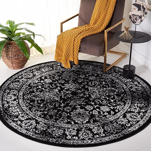 SAFAVIEH Adirondack Collection Area Rug - 6' Round, Black & Ivory, Distressed Vintage Floral Design, Non-Shedding & Easy to Clean, Ideal for Living Room, Bedroom, Dining Space (ADR109Z)