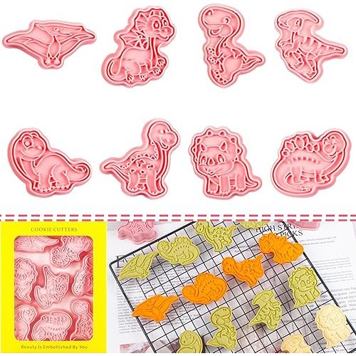 BESEK Dinosaur Cookie Cutters Set: 8 pcs dnosaur Embossing Cookie Cutter for Kids Dinosaur-Theme Party Supplies