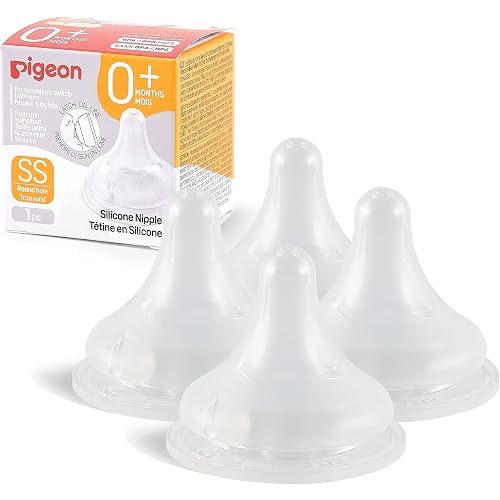 Pigeon Silicone Nipple (SS) with Latch-On Line, Breastlike Natural Feel, Newborn Super Slow Flow, 0+ Months, 4 Counts