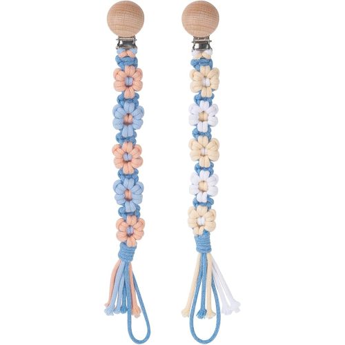 Pacifier Clip for Boys Girls Floral Daisy Macrame Baby Paci Clip Pacifier Holder Leash Boho Wooden Clips Handmade Braided Cotton Binky Clips (2pack:Daisy A & Blue Daisy B)